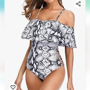Holipick Off Shoulder Tummy Control One Piece Ruffle Swimsuit